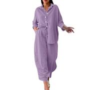 AMDOLE Traje de pantalón para mujer de negocios, 2 piezas, retro, tallas grandes, algodón y camisa, traje de cintura alta, pantalones de manga larga, pantalones de mujer, elegantes, morado, 4XL