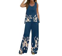 AMDOLE Traje de pantalón para mujer deportivo de 2 piezas, estilo bohemio, informal, chaleco impreso, parte superior sin mangas, pantalones sueltos con pierna ancha, traje de dos piezas para mujer