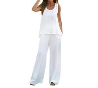 AMDOLE Traje de pantalón para mujer deportivo de 2 piezas, estilo bohemio, informal, chaleco monocolor, parte superior sin mangas, pantalones sueltos con pierna ancha, traje de dos piezas, pantalones