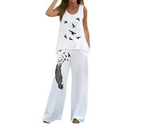 AMDOLE Traje de pantalón para mujer elegante de 2 piezas, estilo bohemio, informal, con plumas, chaleco estampado, parte superior sin mangas, pantalones sueltos con pierna ancha, traje de dos piezas