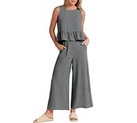 AMDOLE Traje de pantalón para mujer elegante de verano de 2 piezas, monocolor, sin mangas, con volantes, camiseta y pantalones con pierna ancha, juego con bolsillos, pantalones para exteriores para