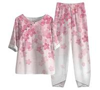 AMDOLE Traje de pantalón para mujer, festivo, boda, algodón, lino, 5 mangas, blusa, pantalones, pantalones de dos piezas para mujer, Rosa., 5XL