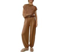 AMDOLE Traje de pantalón para mujer, festivo, elegante, monocolor, moderno, informal, conjunto de leggins sin mangas para mujer, pantalones para mujer, holgados, café, M