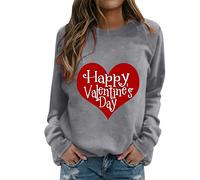 AMDOLE Traje de San Valentín para mujer con cuello redondo, estampado de letras de corazón, manga larga, sudaderas casuales, suéter de moda para mujer 2024, gris, L