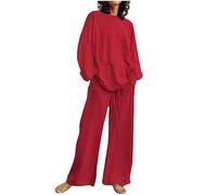 AMDOLE Trajes de pantalón para mujer Conjunto de pantalones monocromáticos para mujer con cuello redondo, mangas largas y cordón y pierna ancha, pantalones de exterior para mujer, rojo, XXL