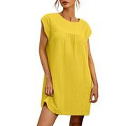 AMDOLE Trend manga corta cuello redondo sólido algodón lino vestido brillante vestido mujer fiesta, amarillo, M