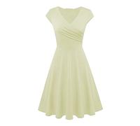 AMDOLE Vestido básico para mujer, para exteriores, hogar, manga corta, ajustado, vestido camiseta, vestido liso, fruncido, cuello en V, vestido envolvente, elegante, beige, M