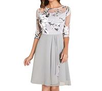 AMDOLE Vestido casual de otoño para mujer, retro, manga de siete minutos, cuello redondo, gasa, estampado, vestido de moda, vestidos casuales con bolsillos, gris, XL