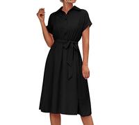 AMDOLE Vestido cruzado para mujer, casual, a la moda, color sólido, con botones, cuello en V, manga corta, vestido camisero midi para mujer, Negro, S