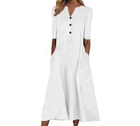 AMDOLE Vestido de algodón casual de verano para mujer, vestido de manga corta con botones, vestido de fiesta, vestido midi fluido, vestidos largos, blanco, L
