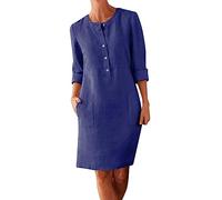 AMDOLE Vestido de mujer de algodón y lino con botones, talla grande, cuello redondo, manga larga, informal, holgado, con bolsillos, vestido de fiesta, BU1, XL