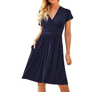 AMDOLE Vestido de playa para mujer, talla grande, color contrastante, liso, con atado en la parte delantera, vestido midi acampanado con cuello en V y cintura alta, marine, XL
