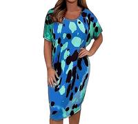 AMDOLE Vestido de playa para mujer, vestido de verano de talla grande, estampado informal, manga corta, vestido de baile para mujer, azul, XXL