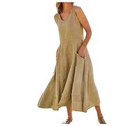 AMDOLE Vestido de verano para mujer, ligero, holgado, con bolsillos, de lino, liso, línea A, informal, de algodón, sin mangas, para mujer, caqui, XXL