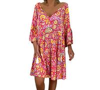 AMDOLE Vestido de verano para mujer, vestido floral, manga corta, estampado de verano, tres, vestido suelto, vestido de fiesta, Rosa intenso., S