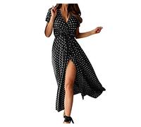AMDOLE Vestido Mini de Verano para Mujer con Manga de Lunares, Vestido de Sol con Cuello en V para Mujer, Vestido de Moda de Manga Corta con Estampado Corto, Vestido de Negocios Casual para Mujer