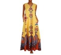 AMDOLE Vestido vaquero mujer mujer talla grande impresión ocio diario sin mangas cuello en V vestido maxi con cuello en V vestido de graduación, amarillo, XXL