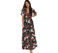 AMDOLE Vestido vaquero para mujer, cuello en V, cintura cerrada, falda holgada, falda grande, estampado de manga corta, Negro , 3XL