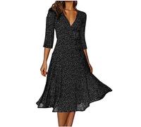 AMDOLE Vestidos de ganchillo para mujer, vestido de otoño con cuello en V, color sólido, estampado de lunares, vestido de manga corta con cordones, vestido de flecos de talla grande, Negro, XXL
