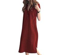 AMDOLE Vestidos de mujer sueltos con cuello en V, dobladillo abierto, manga corta, longitud media, vestidos de moda para mujer, vestido camisero de verano, rosso, XL