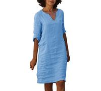 AMDOLE Vestidos de verano para mujer, a la moda y cómodos, cuello en V, media manga, algodón y lino, vestido corto de verano para mujer, casual, azul, XL