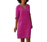 AMDOLE Vestidos de verano para mujer, a la moda y cómodos, cuello en V, media manga, algodón y lino, vestido corto de verano para mujer, casual, hot pink, XL
