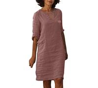 AMDOLE Vestidos de verano para mujer, a la moda y cómodos, cuello en V, media manga, algodón y lino, vestido corto de verano para mujer, casual, rosa, M