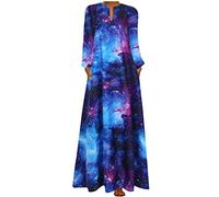 AMDOLE Vestidos de verano para mujer con bolsillos, cuello vintage, casual, maxivestido con estampado en V, manga larga, bohemio, vestido de diario, bonito vestido camisero, azul, XXXXL