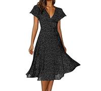 AMDOLE Vestidos de verano para mujer, de manga corta, cuello en V, sexy, estampado floral, lunares, vestidos de verano para mujer, Negro, XL