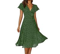 AMDOLE Vestidos de verano para mujer, de manga corta, cuello en V, sexy, estampado floral, lunares, vestidos de verano para mujer, verde, XXXL