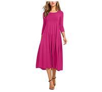 AMDOLE Vestidos elegantes para mujer, cuello largo, informal, mangas sólidas, vestido redondo, vestido de mujer, vestido de dama de honor, Rosa intenso., XL