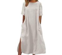 AMDOLE Vestidos festivos para mujer vestido casual de cuello redondo manga corta vestido liso, Blanco, M