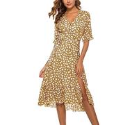 AMDOLE Vestidos festivos para mujer, vestido de manga corta, estampado floral, dobladillo con volantes, vestido envolvente, vestido de playa, vestido casual, vestido de baile, vestido largo, caqui, XL