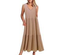 AMDOLE Vestidos festivos para mujer, vestido de verano, informal, sin mangas, cuello en V, monocolor, estrecho, oscilante, informal, de longitud media, vestidos de dama de honor, beige, M