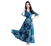 AMDOLE Vestidos largos y delgados con cuello en V para mujer, estampado casual, línea A, vestido de manga floral, vestido de cóctel para mujer, azul, M