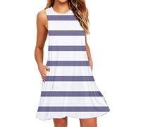 AMDOLE Vestidos para niñas vestido de día para mujer, cuello redondo, vestido sin mangas, bolsillos estampados, vestido de cóctel casual para mujer, azul oscuro, S