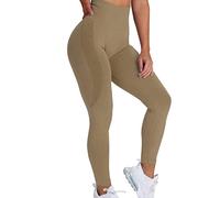AMDOLE Yoga Sport Color Hip Lifting Mujer Fitness Cintura Alta Pantalones Correr Yoga Pantalones Deportes Leggings Mujer, caqui, L