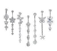 AMDXD 14G Piercings Set, 7 Pcs Ombligo Piercings Flower Star Mariposa Corazón Borla Ombligo Anillos Piercing Colgante con Circonita para Mujer Hombre, Acero inoxidable, Circonia cúbica