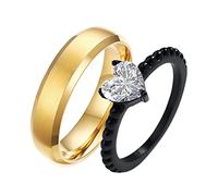AMDXD Anillo de aniversario de boda de 6 mm, anillos de pareja de acero inoxidable con corazón cepillado con circonitas para mujeres, color negro y dorado, Acero inoxidable, Zirconia cúbica
