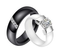 AMDXD Anillo de cerámica, 6 mm facetado, anillo para mujer y hombre con circonita 5A, irrompible y no se decolora, anillo de compromiso brillante y no se desgasta, negro/blanco, talla 49-67, 52 (16.6