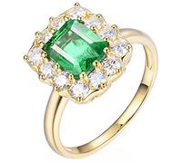 AMDXD Anillo de oro auténtico, solitario de oro 750, halo para mujer con esmeralda verde 2 ct, regalo para mujeres, esposa, madre, novia, Oro amarillo de 18 quilates, Esmeralda