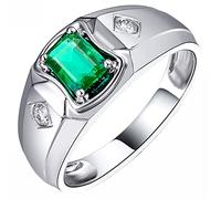 AmDxD Anillos de compromiso de oro blanco de 18 quilates, 0,59 quilates rectángulo esmeralda con dos diamantes para hombre, para boda, compromiso, propuesta de matrimonio, Oro blanco de 18 quilates