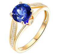 AmDxD Anillos de compromiso de oro rosa de 18 quilates, 4 garras, 1,3 ct, redondos, azules, tanzanita con diamante de 0,11 quilates, para mujer, Oro rosa de 18 quilates, Tanzanita