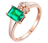AmDxD Anillos de compromiso de oro rosa de 18 quilates, rectángulo esmeralda de 1 ct y forma de flor con diamantes de 0,07 quilates para mujer, Oro rosa de 18 quilates, Esmeralda