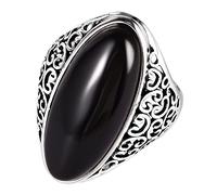 AMDXD Anillos de plata de ley S925, anillos con patrón de flores, anillos de plata real para mujer, estilo vintage Hip Hop Rock Ring con ágata negra ovalada, plata, joyas de plata real, Plata de ley