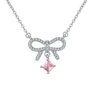 AMDXD Collar para mujer, estilo Art Nouveau, oro blanco Au585, cadena de lazo, regalo con rosa turmalina, corte cuadrado, laboratorio de 14 quilates, cadena de oro real, 45 + 5 cm