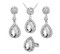 AMDXD Juego de joyas 4 piezas, cadenas de estatuto grandes gota lágrima colgante plateado alianzas de boda para mujeres y pendientes mujer con circonitas, Chapado en plata, Circonita cúbica