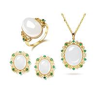 AMDXD Juego de joyas bohemias, 4 unidades, cadena de declaración clásica, ovalada, colgante chapado en oro, anillo de compromiso para mujer y niña, con jade blanco creado - dorado