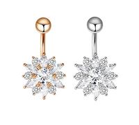 AMDXD Juego de piercings 14G, 2 unidades, para ombligo, flores, bananabell, colgante con circonitas para hombre y mujer, plata y oro rosa