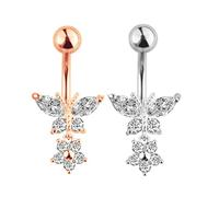 AMDXD Juego de piercings de calibre 14, 2 unidades, piercing para ombligo, mariposa, flores, bananabell, colgante con circonita, joyas de verano, plata, oro rosa